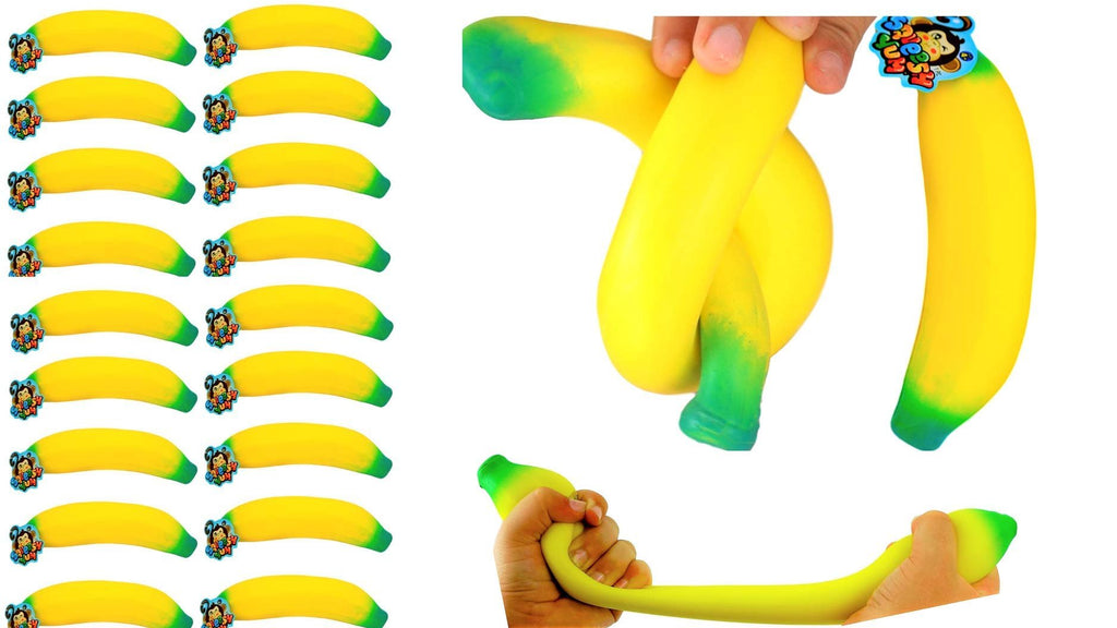 JA-RU Stretchy Banana Toy (8 Fidget Toy Pack) Slow Rising Squishy Banana for Kids. Sand Filled Stress Toy. Fake Banana Gag Gift. Bulk Fruit Party Favors & Stocking Stuffers. 3340-8p